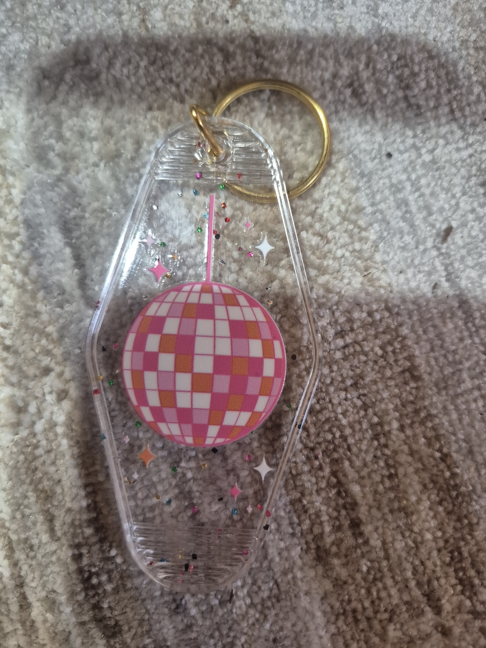 Clear Keychain Phone Accessory with Pink Disco Ball Design